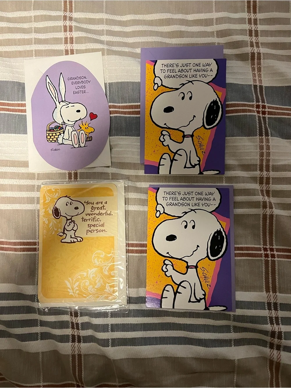 Hallmark Peanuts 4 Snoopy 3 Easter cards and one Get well soon